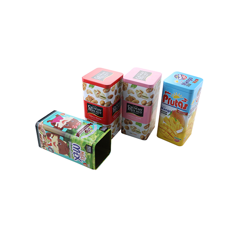 square tin box with rolled in lids nut fruits storage