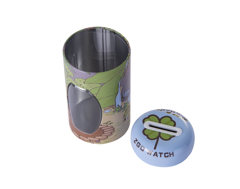 Round tin piggy bank with clear window