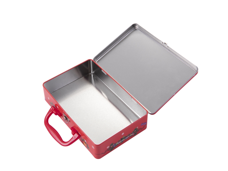 Rectangular hinged tin box with handle and clasp