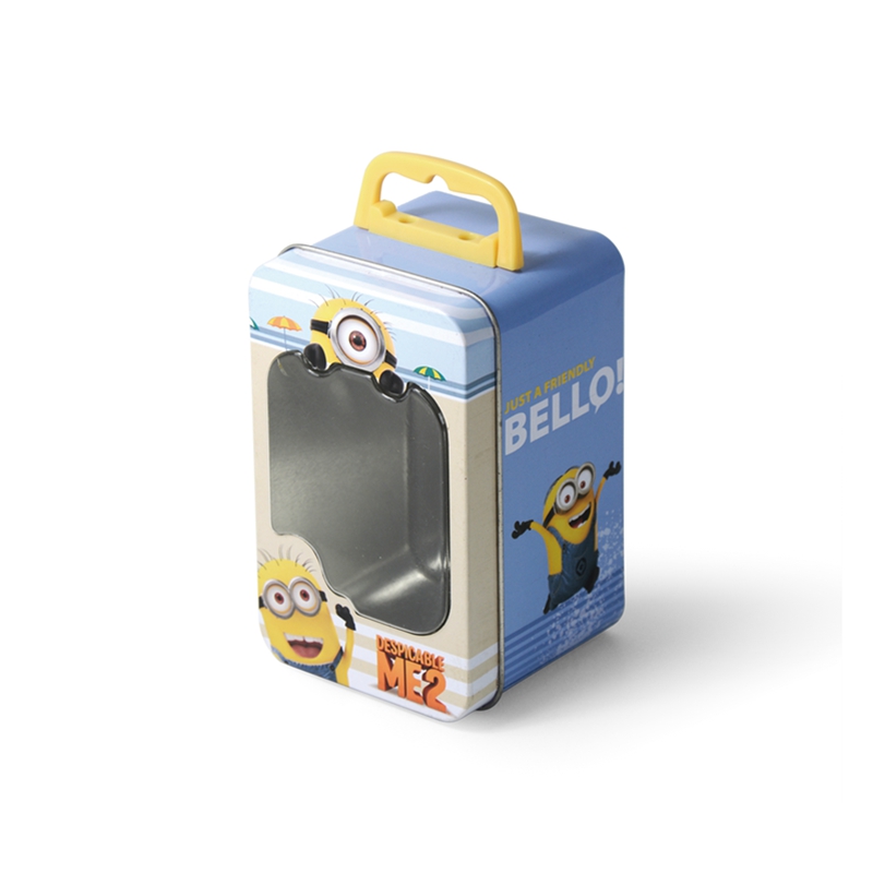 small rectangular tin box with a window and a handle