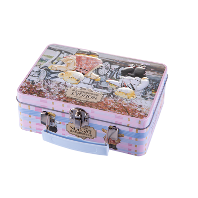 Hinged rectangular tin box with handle and clasp